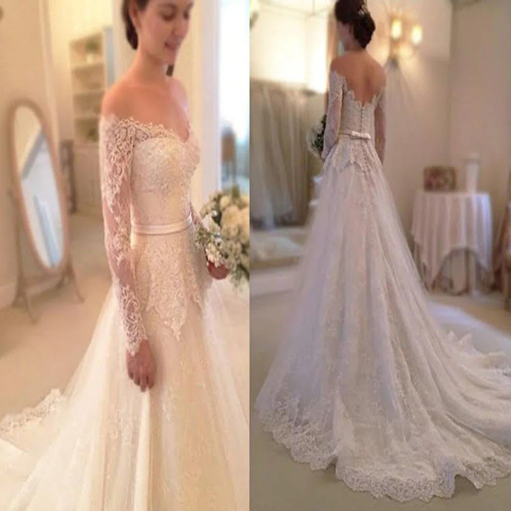 Off the shoulder lace long sleeve wedding dress